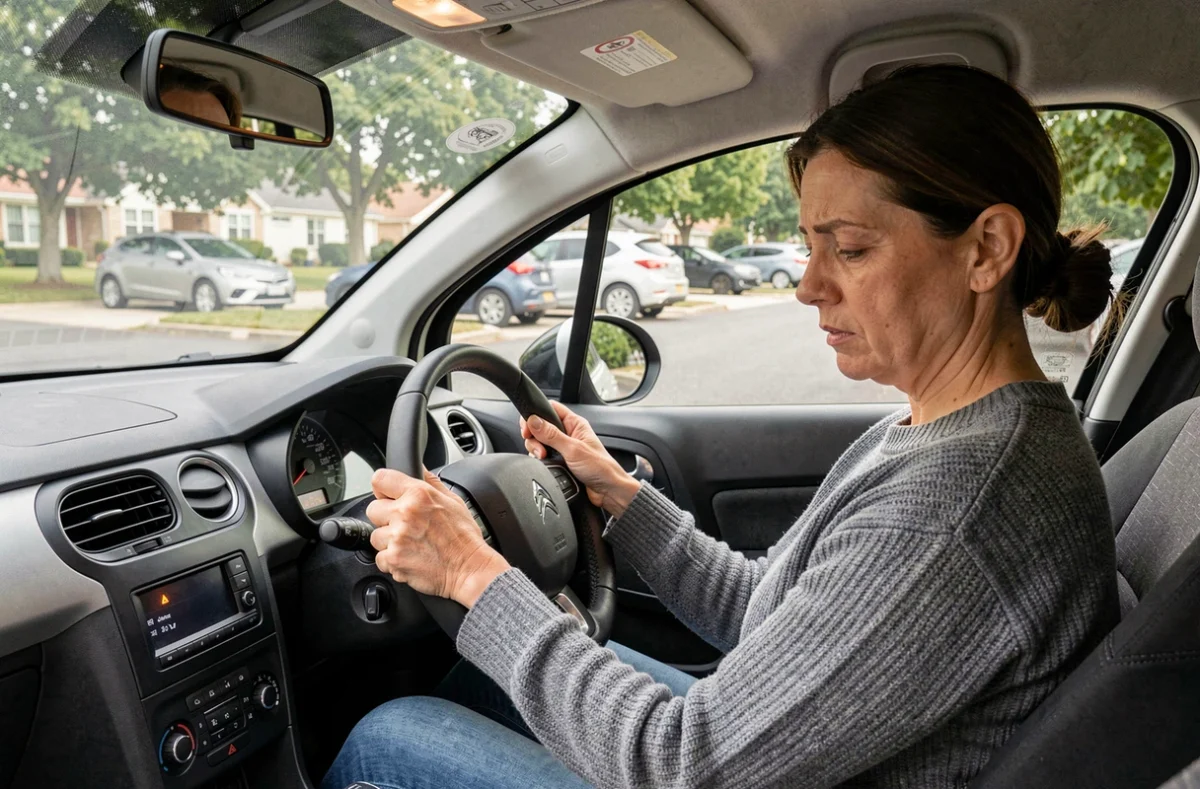 Conductrice inquiète regardant un voyant allumé sur le tableau de bord de sa Citroën C3 avant de passer le contrôle technique