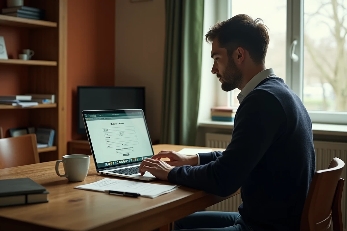 Homme consultant les services en ligne du gouvernement français pour obtenir l'historique d'une voiture ancienne depuis son domicile