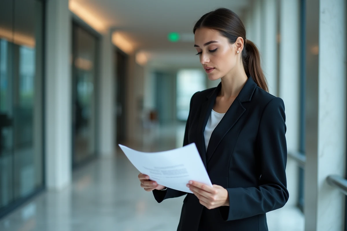 Femme consultant un courrier officiel de contestation de retrait de points devant un tribunal administratif