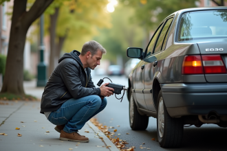 Homme contrôlant emissions d'une voiture en ville