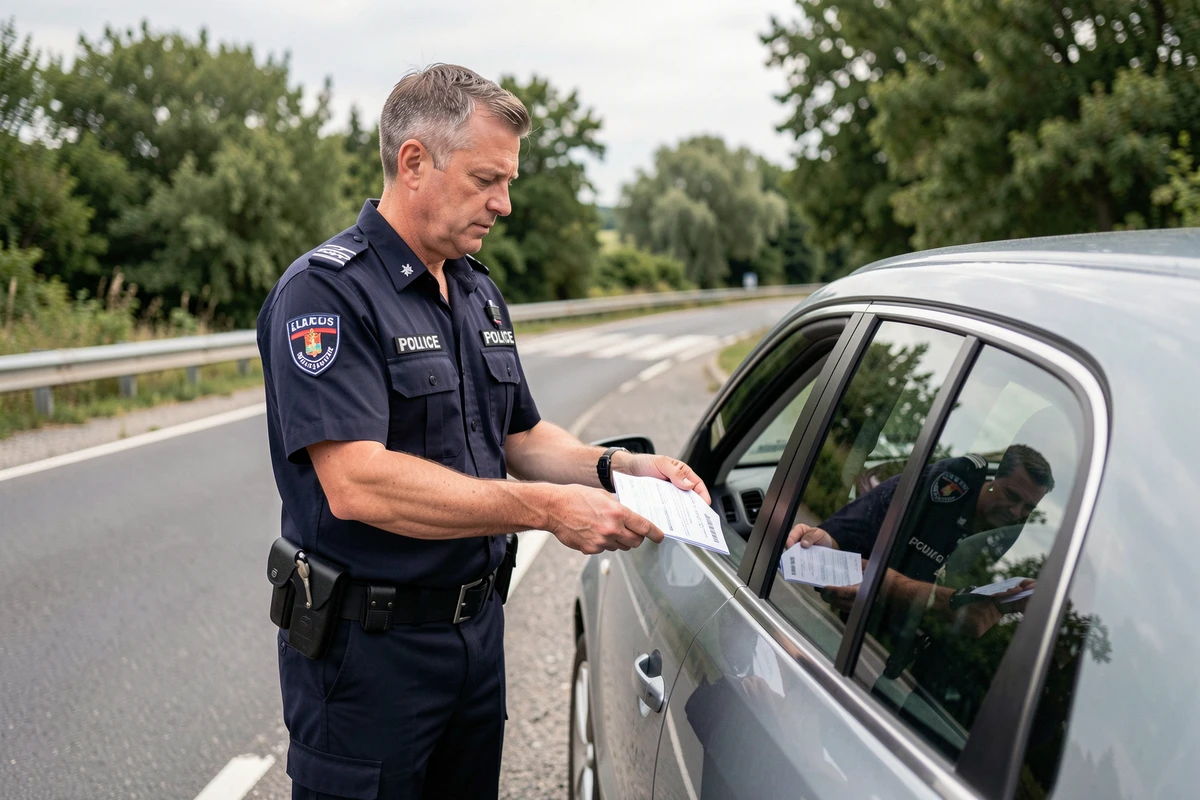Policier en uniforme vérifiant les documents de carte grise lors d'un contrôle routier en France