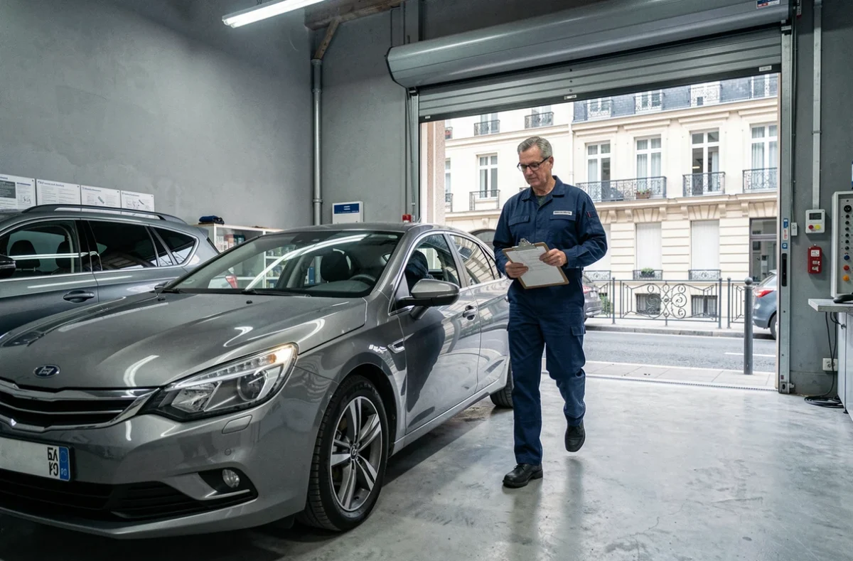 Technicien du Contrôle Technique Stephenson accompagnant un véhicule familial dans la baie d'inspection avec vue sur la rue parisienne