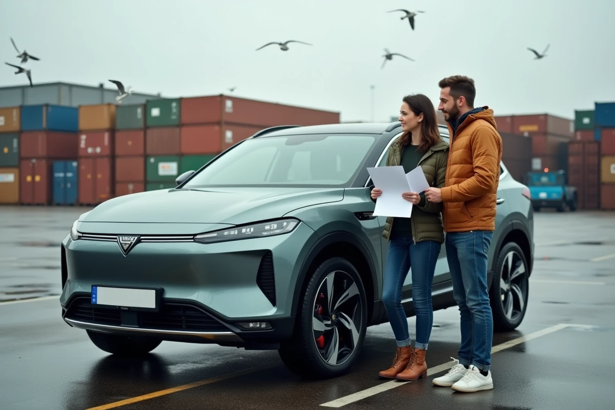 Couple inspectant une voiture SUV chinoise importée directement dans un parking proche d'un terminal portuaire en France