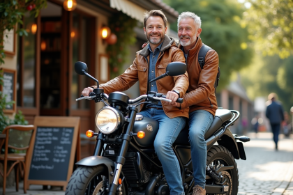 Couple souriant en moto sidecar devant un cafe français