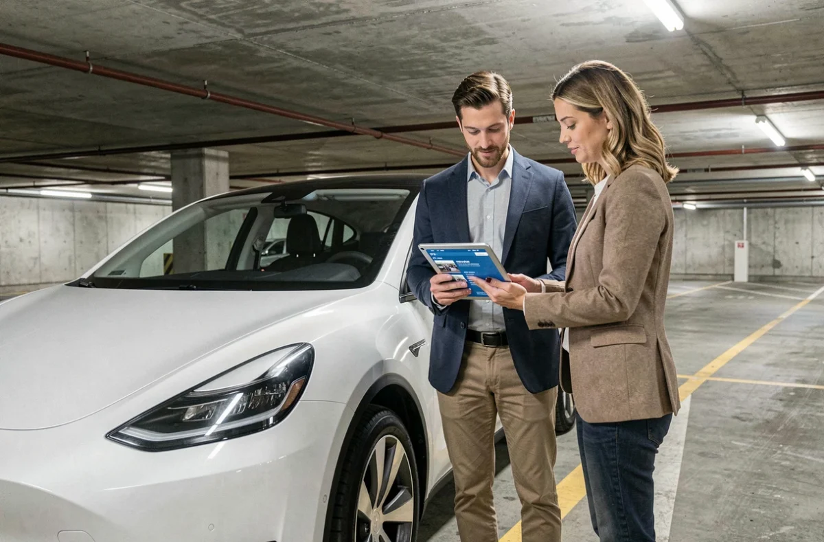 Couple de propriétaires Tesla comparant avis et ressources communautaires sur une tablette dans un parking souterrain