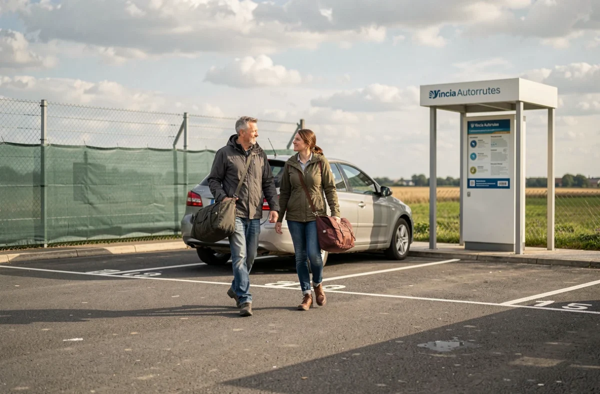 Couple de covoitureurs se dirigeant vers leur voiture dans le parking Vinci Autoroutes de La Chapelle-Saint-Mesmin avec borne d'information en arrière-plan