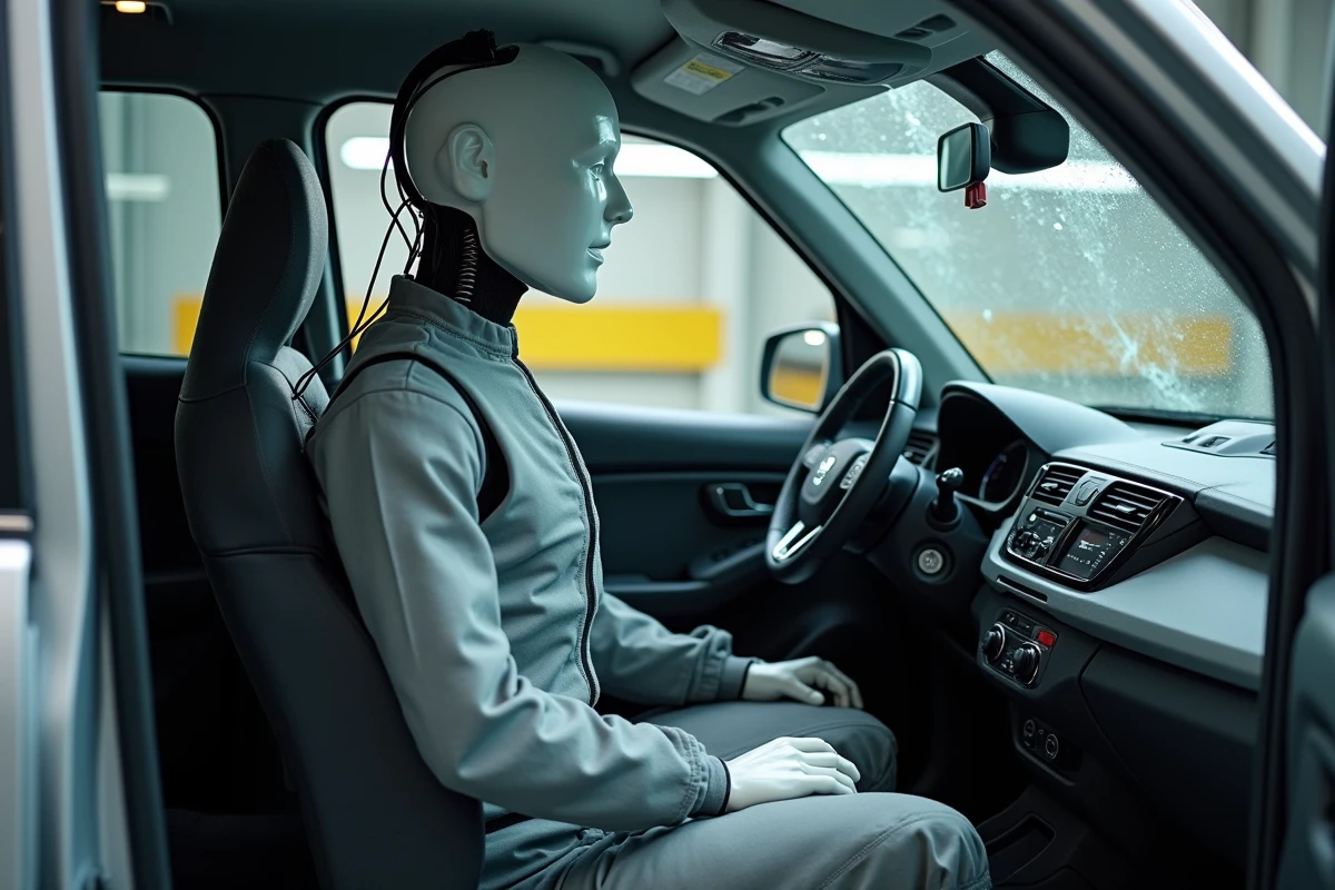 Mannequin de crash-test dans une voiture compacte après un test de choc latéral, illustrant les systèmes de sécurité passive des véhicules les plus vendus en France