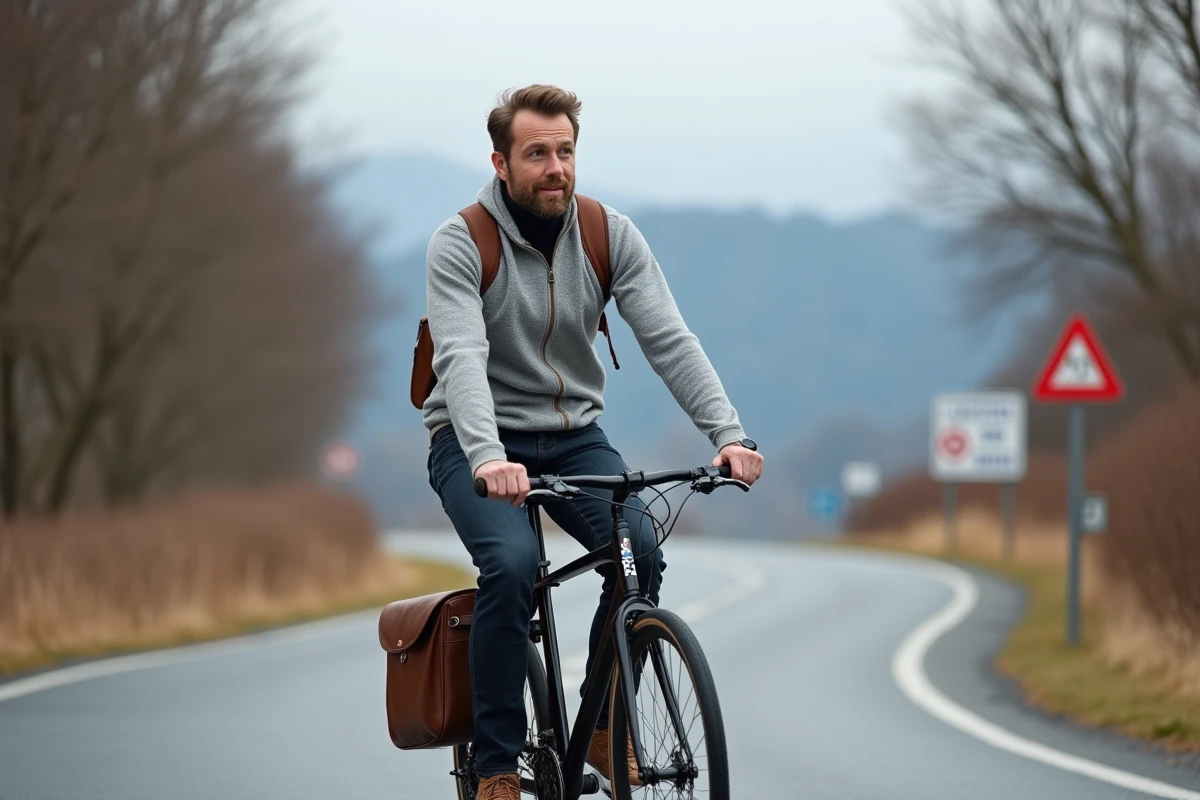 Cycliste sur une piste cyclable frontalière entre Thonon et la Suisse lors d'un trajet domicile-travail optimisé