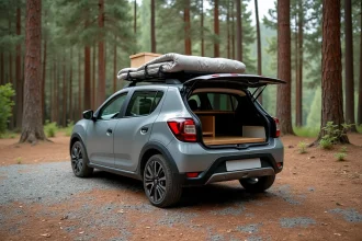Dacia Sandero aménagée en micro-camping-car avec plateforme de couchage en bois et galerie de toit, garée en forêt de pins sur un terrain de gravier