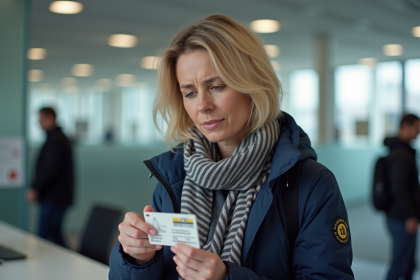 Femme blonde avec un permis de conduire ancien à la préfecture