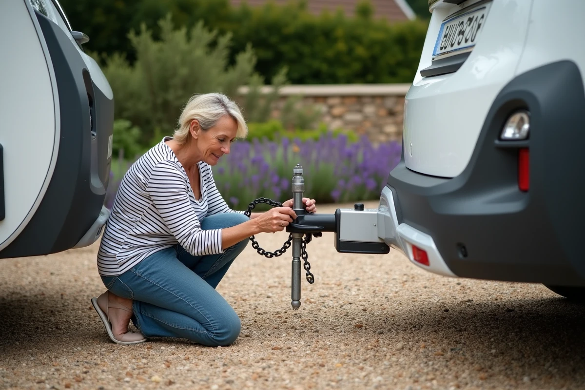 Gros plan sur l'attelage d'un Peugeot 3008 relié à une remorque de vacances, femme inspectant la chaîne de sécurité dans un jardin de maison française