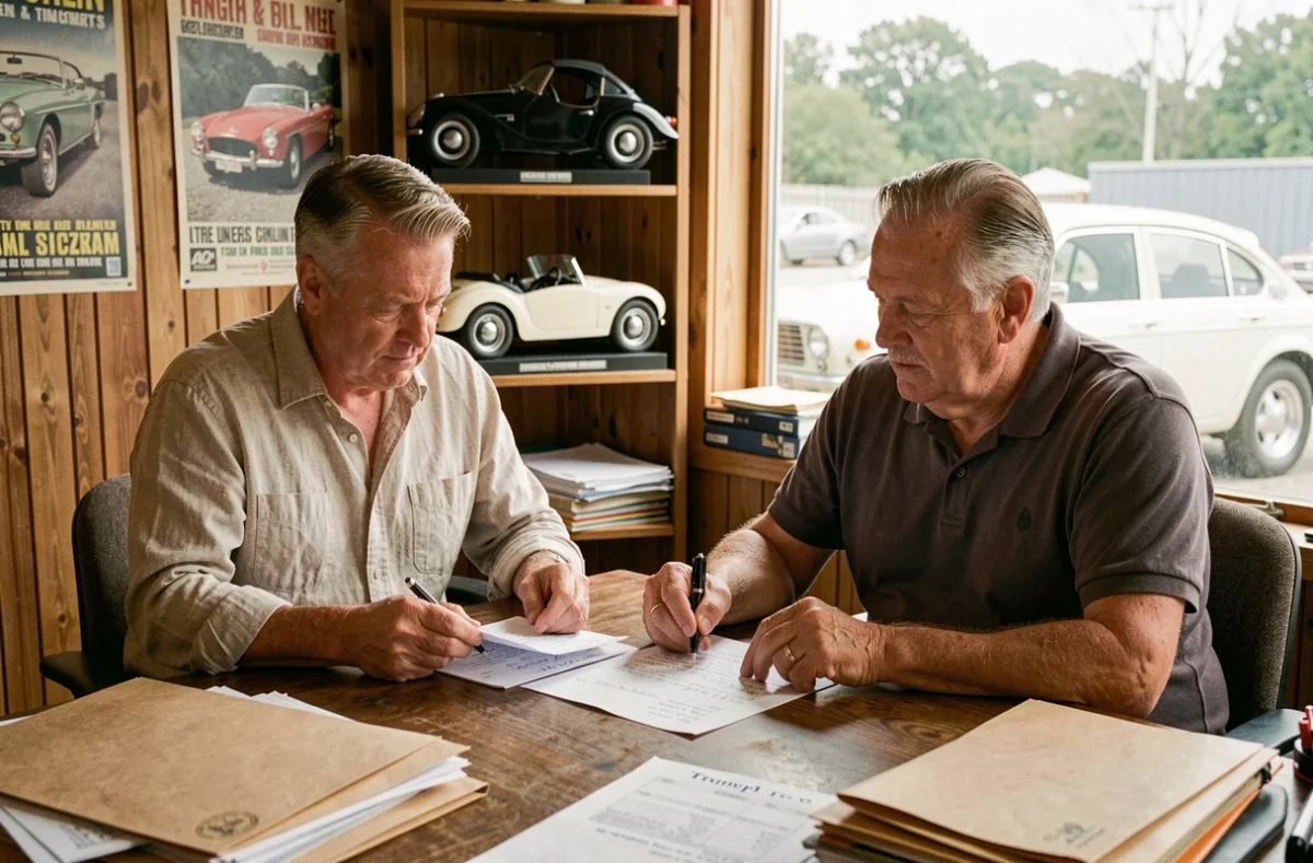 Un acheteur et un vendeur spécialisé discutent de la valorisation d'une Triumph TR3 autour d'un bureau dans un bureau de concessionnaire de voitures classiques