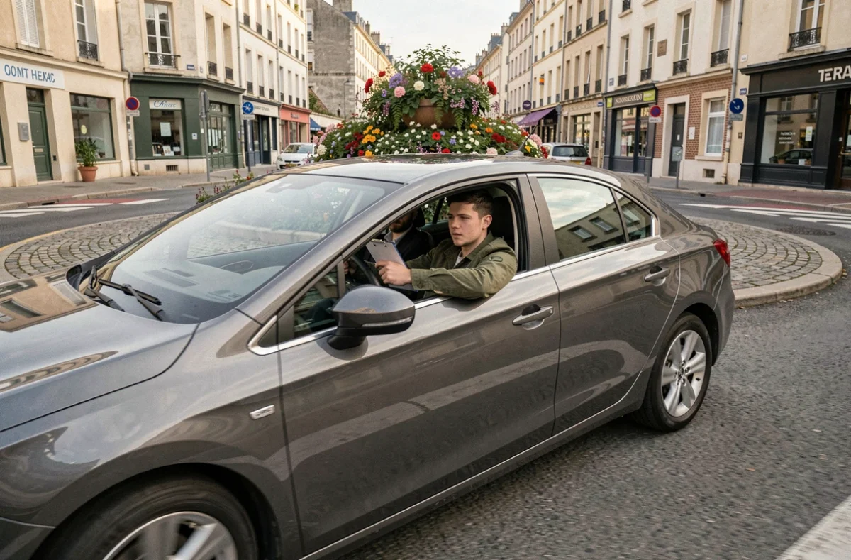 Un élève de la Driving School Main Street négociant un rond-point sous la supervision d'un moniteur