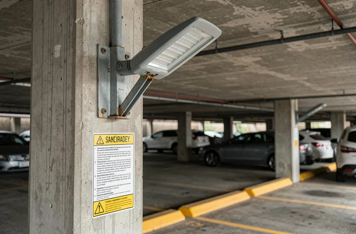Lampadaire LED et panneau de sécurité sur pilier en béton dans un parking de covoiturage couvert proche d'une autoroute Vinci