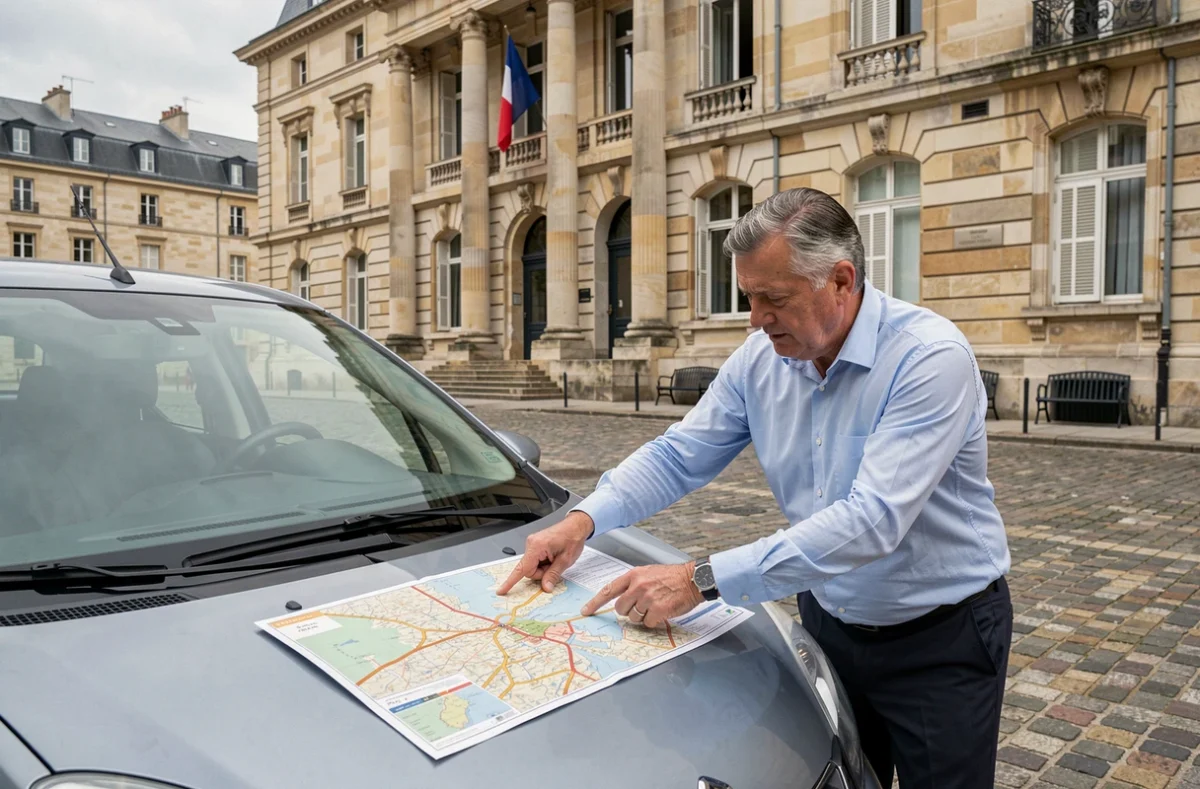 Un moniteur de l'École de Conduite de la Préfecture expliquant un itinéraire sur une carte devant un bâtiment administratif