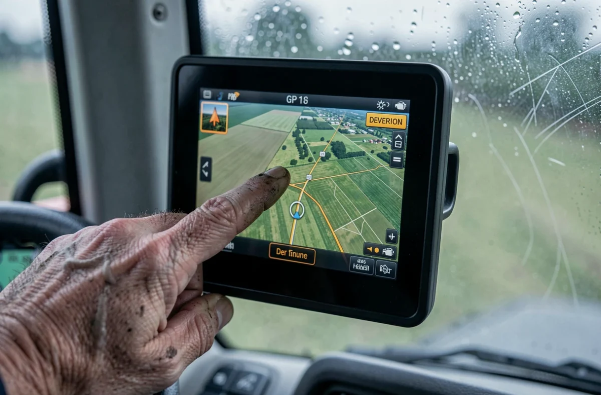 Gros plan sur un écran de barre de guidage GPS affichant une erreur de déviation dans la cabine d'un tracteur agricole