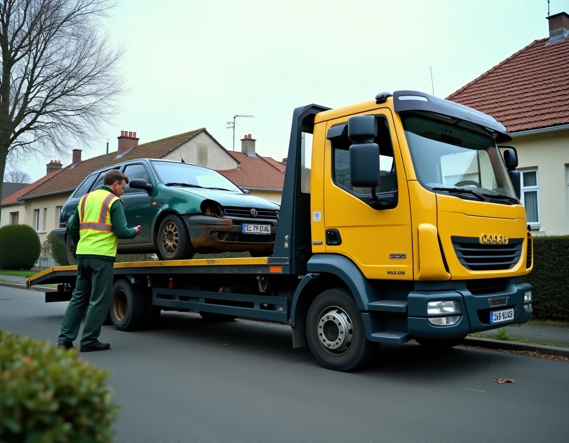 Camion plateau effectuant l'enlèvement gratuit d'une épave devant une maison dans le 44