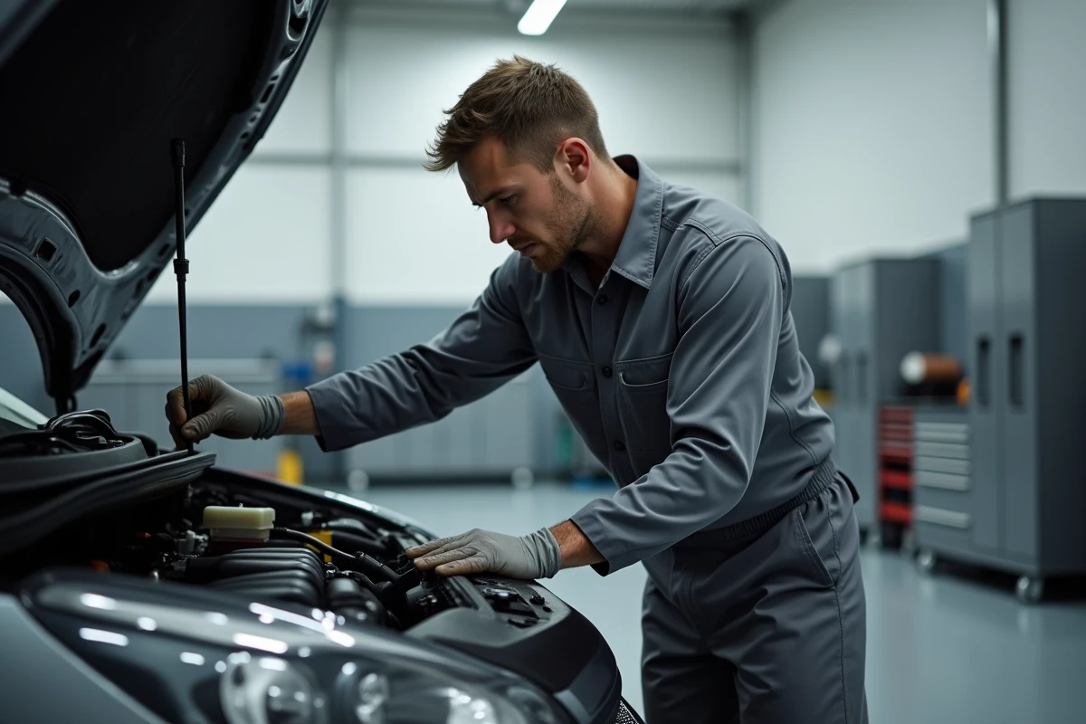 Mécanicien inspectant le moteur d'une Peugeot 208 GTI sur un pont élévateur dans un garage automobile moderne
