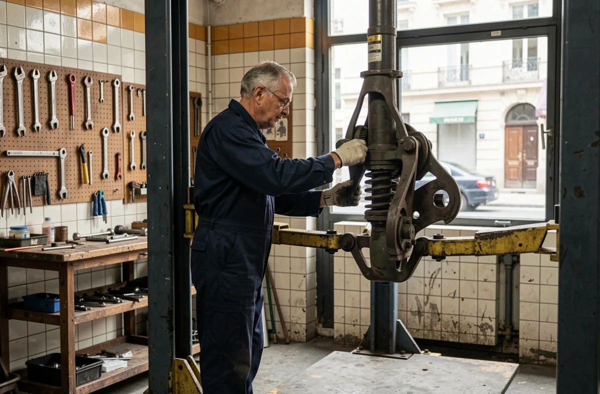 Technicien expérimenté des Etablissements Therrey inspectant les composants de suspension d'une berline européenne dans un garage au style authentique parisien