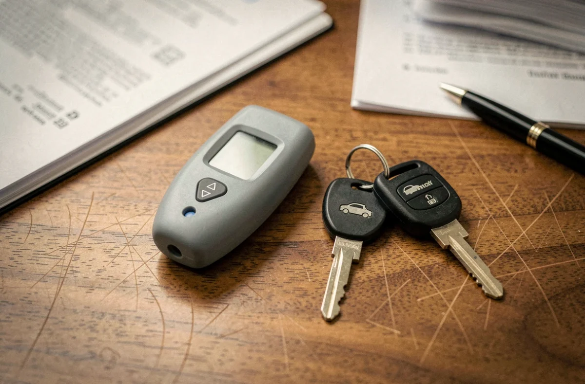 Éthylomètre et clés de voiture posés sur une table avec des documents juridiques, symbolisant les sanctions pour alcool au volant