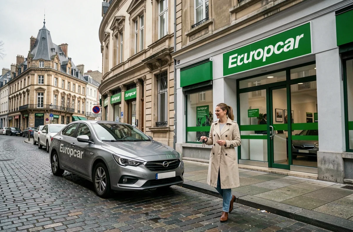 Cliente récupérant un véhicule de location devant l'agence Europcar d'Arras avec les façades flamandes de la ville en arrière-plan