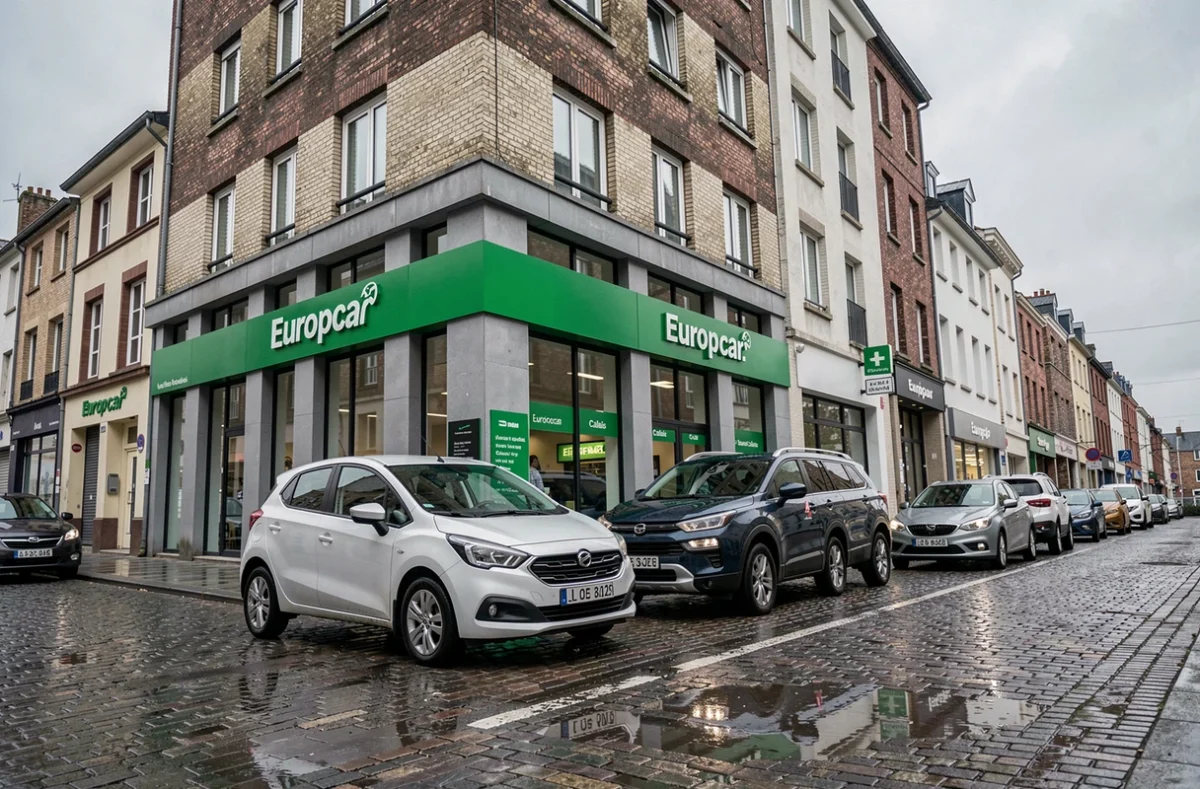 Extérieur de l'agence Europcar à Calais avec des véhicules de location garés devant la façade verte de l'agence