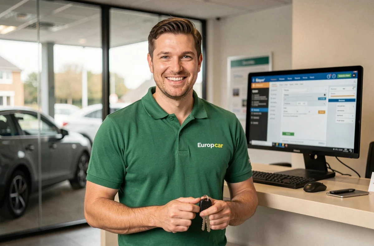 Agent de location Europcar à Hesdigneul-lès-Béthune tenant des clés de voiture devant le comptoir de l'agence