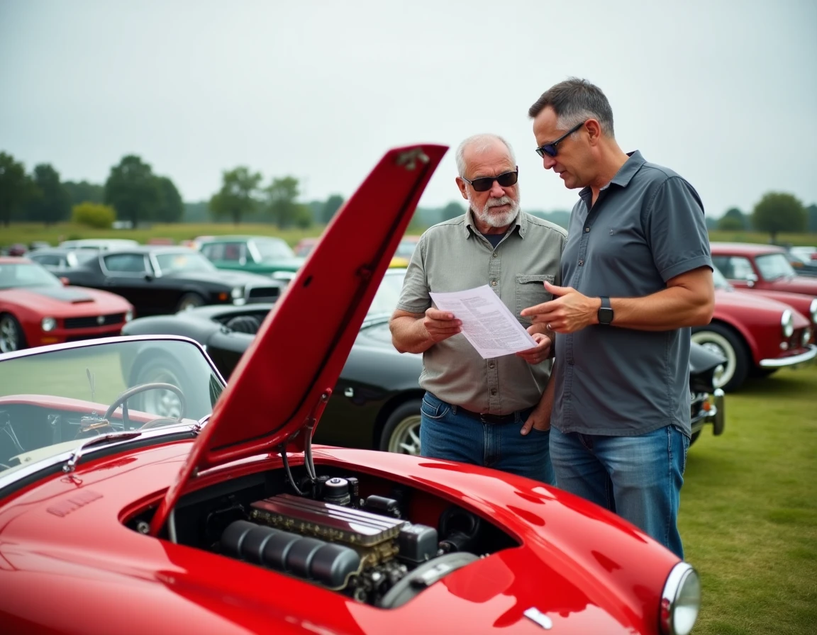 Deux collectionneurs évaluant une Cobra rouge d'occasion lors d'un rassemblement de voitures classiques
