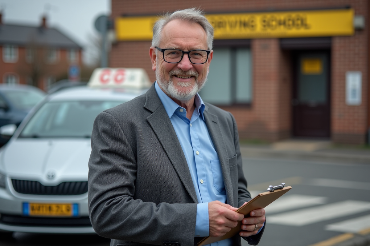 Examinateur de conduite souriant devant une voiture