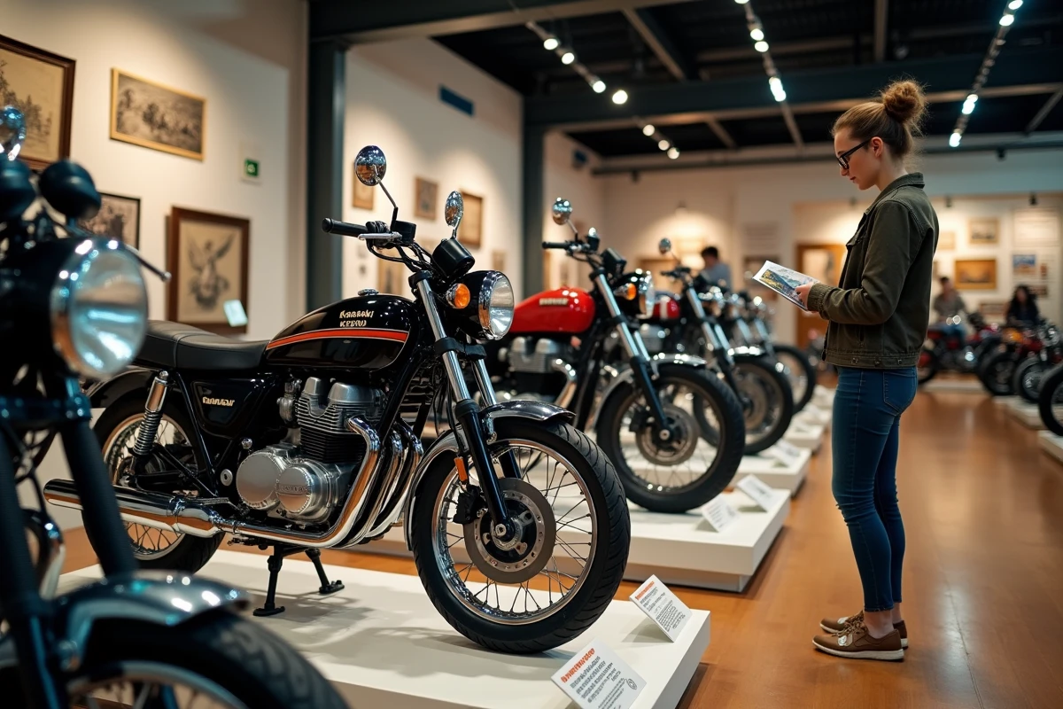 Exposition de motos anciennes avec visiteuse intéressée