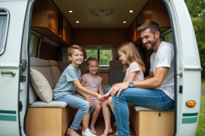 Famille souriante découvrant l'intérieur d'une caravane