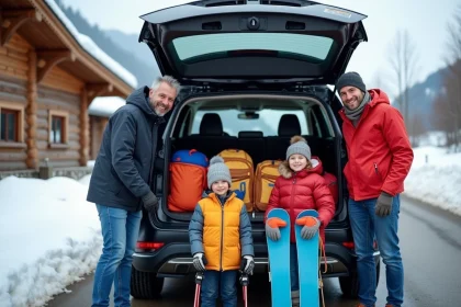 Famille chargant le coffre d'un SUV en hiver avec skis et sacs