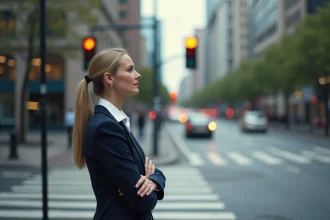 Femme d'affaires réfléchissant au feu orange en ville