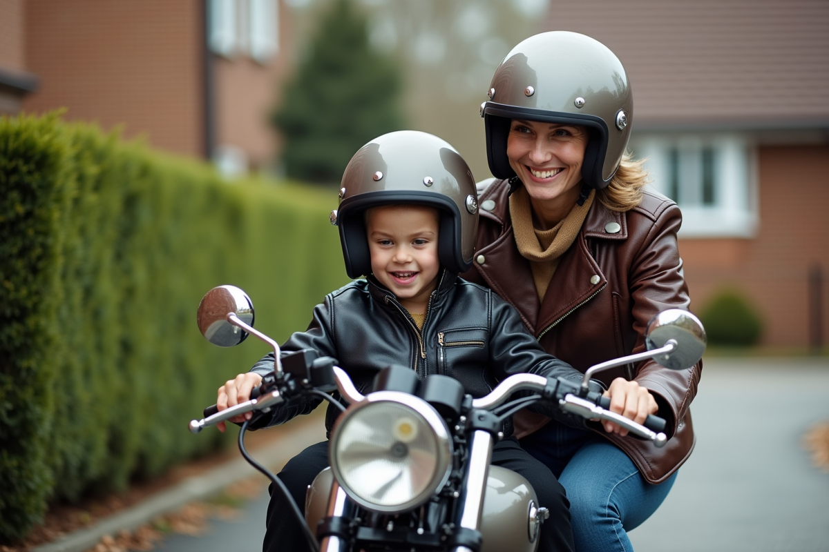 Femme aidant un enfant à monter dans un sidecar de moto