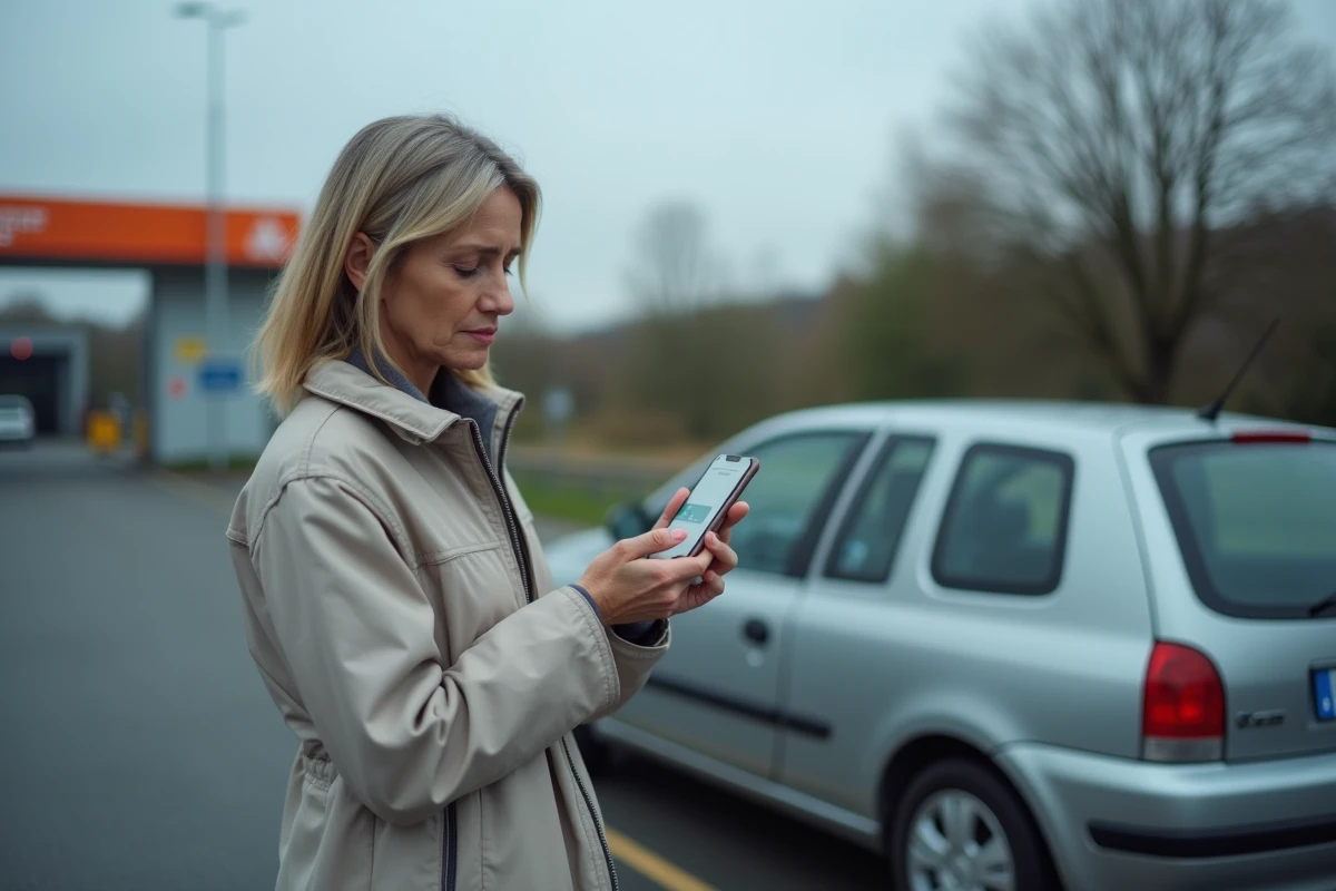 Femme inquiète devant sa voiture au centre de contrôle technique avec alerte moteur liée à la vanne EGR