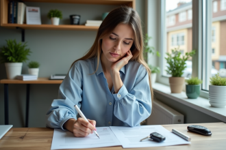Jeune femme remplissant papiers d'assurance voiture dans un bureau