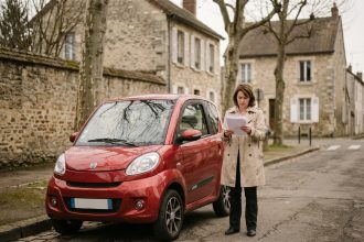 Femme examinant des documents d'assurance à côté d'une voiture sans permis rouge garée dans une rue résidentielle française