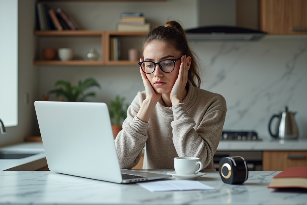 Jeune femme regarde notes moteur magnetique dans cuisine moderne