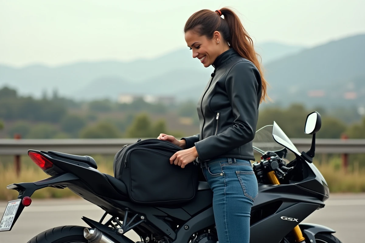 Femme fixant un sac de queue sur sa moto GSX R 750 en extérieur