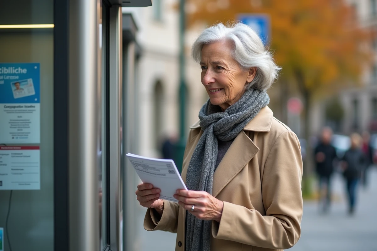 Femme souriante devant un kiosque de permis en ville
