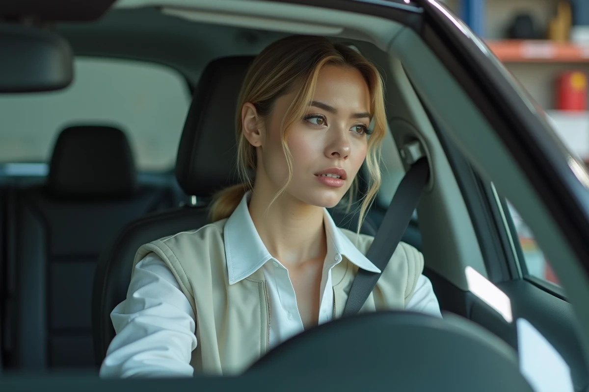 Femme regardant son pare-brise dans un garage auto organisé
