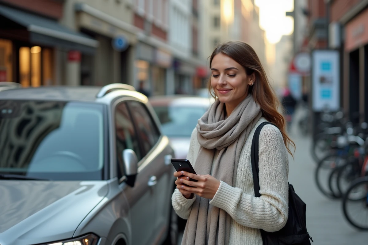 Femme avec smartphone près d’un SUV en ville