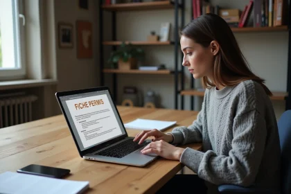 Jeune femme examine un document permis sur son ordinateur