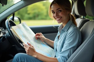 Femme consultant une carte routière de France dans une voiture pour identifier les autoroutes gratuites