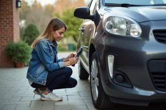 Jeune femme vérifiant la pression du pneu d'une voiture