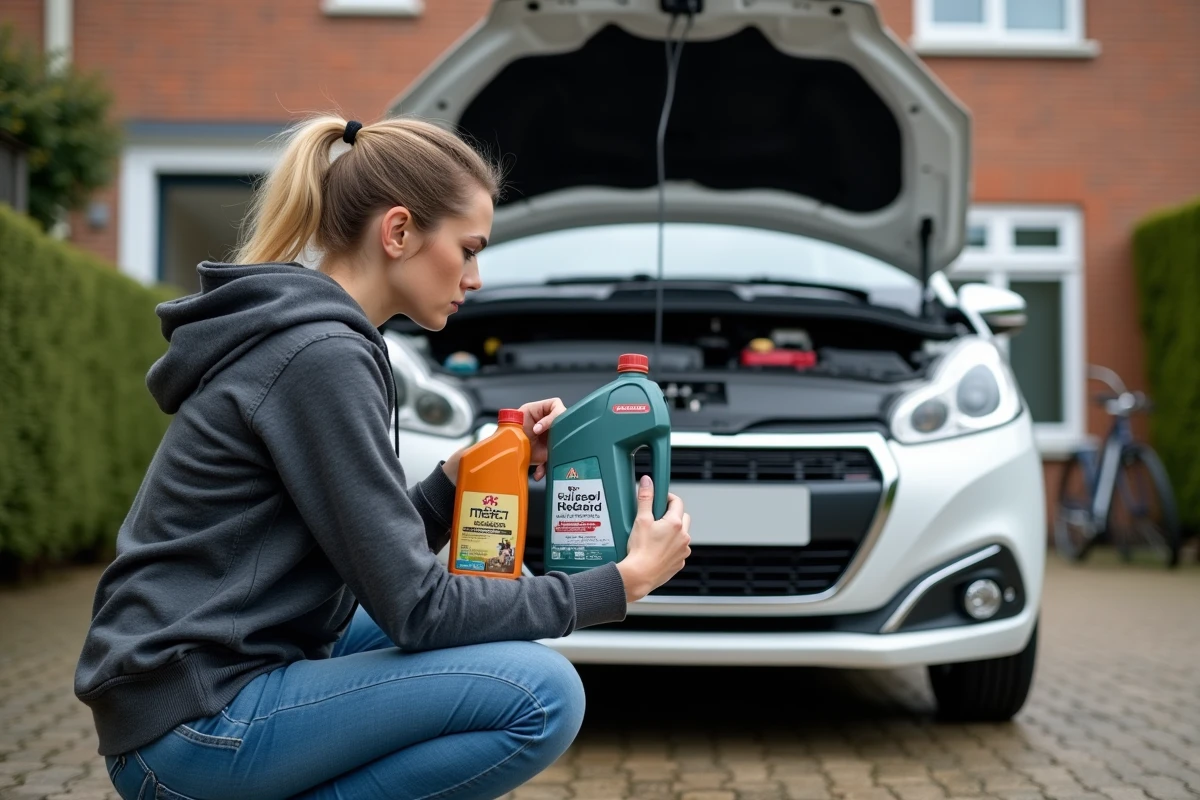 Femme comparant deux huiles moteur compatibles norme PSA pour Peugeot 208 dans une allée résidentielle