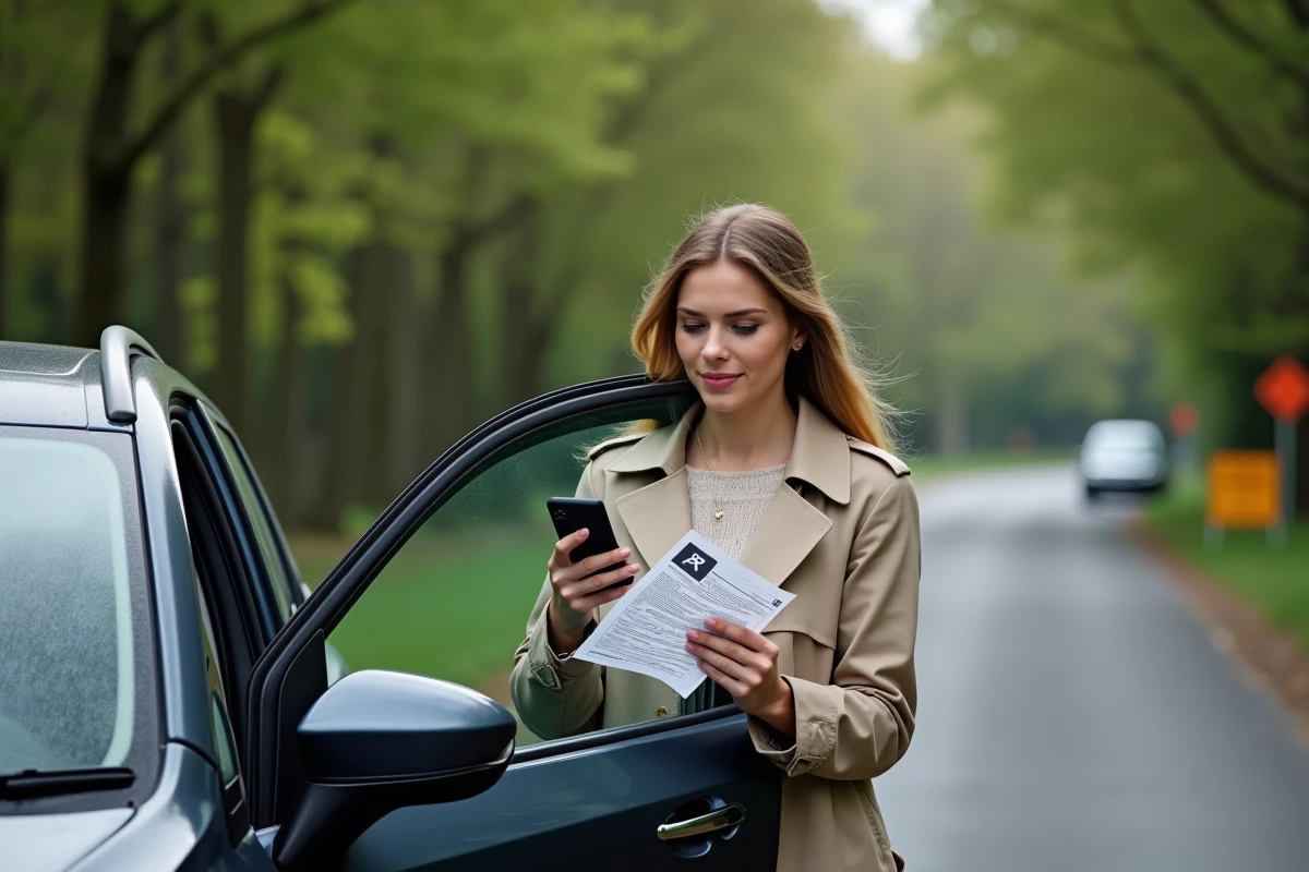 Femme vérifiant une contravention à côté de sa voiture