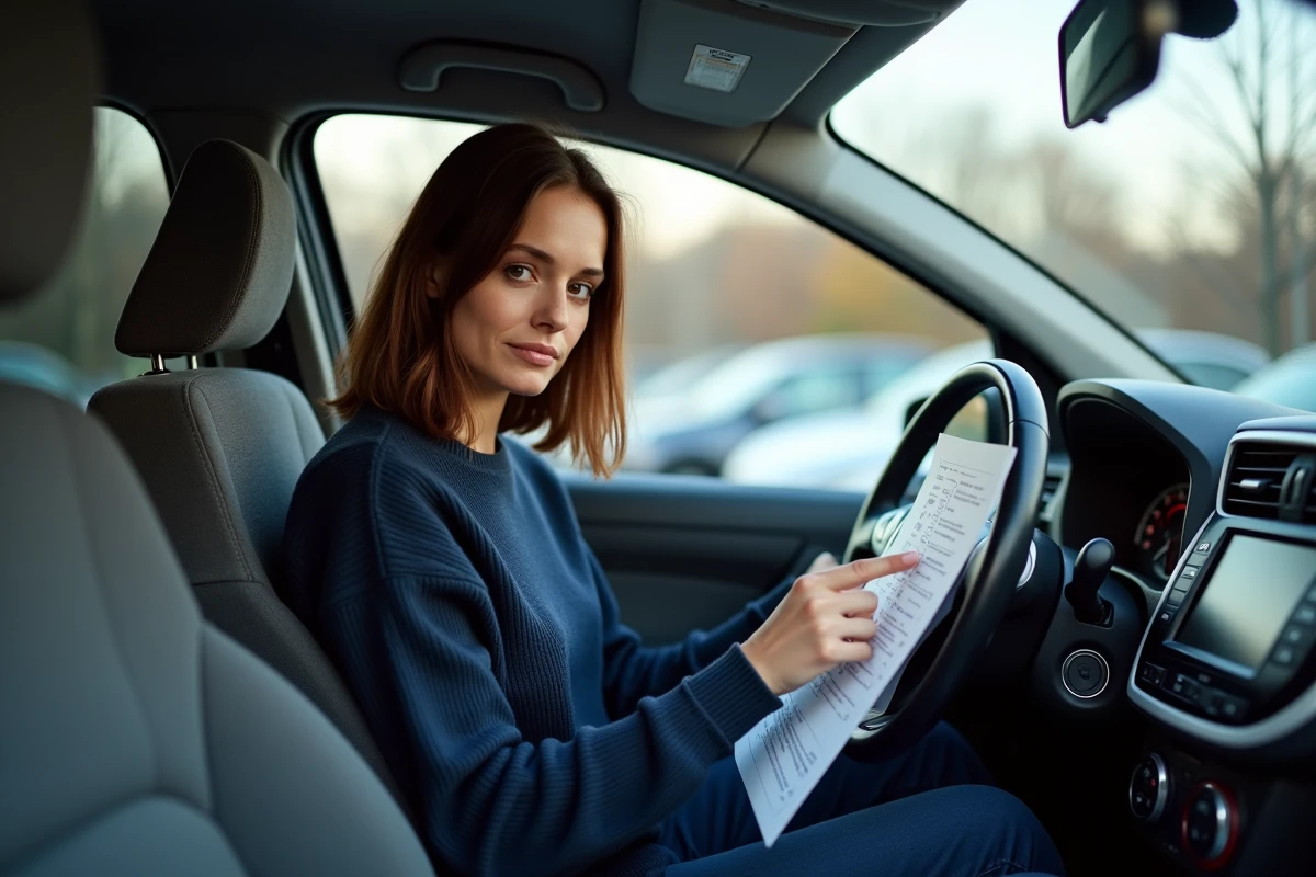 Femme lisant un rapport de contrôle technique dans un véhicule diesel compact