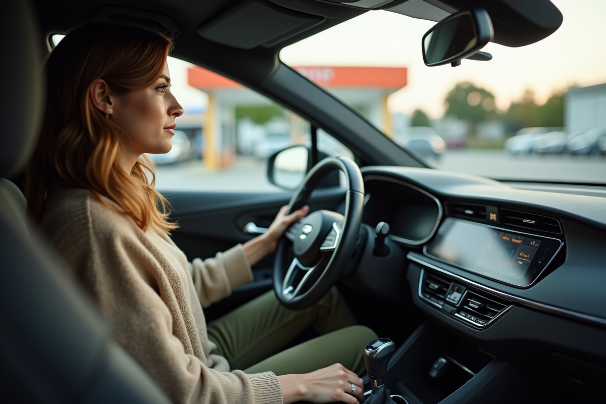 Jeune femme dans voiture au station service