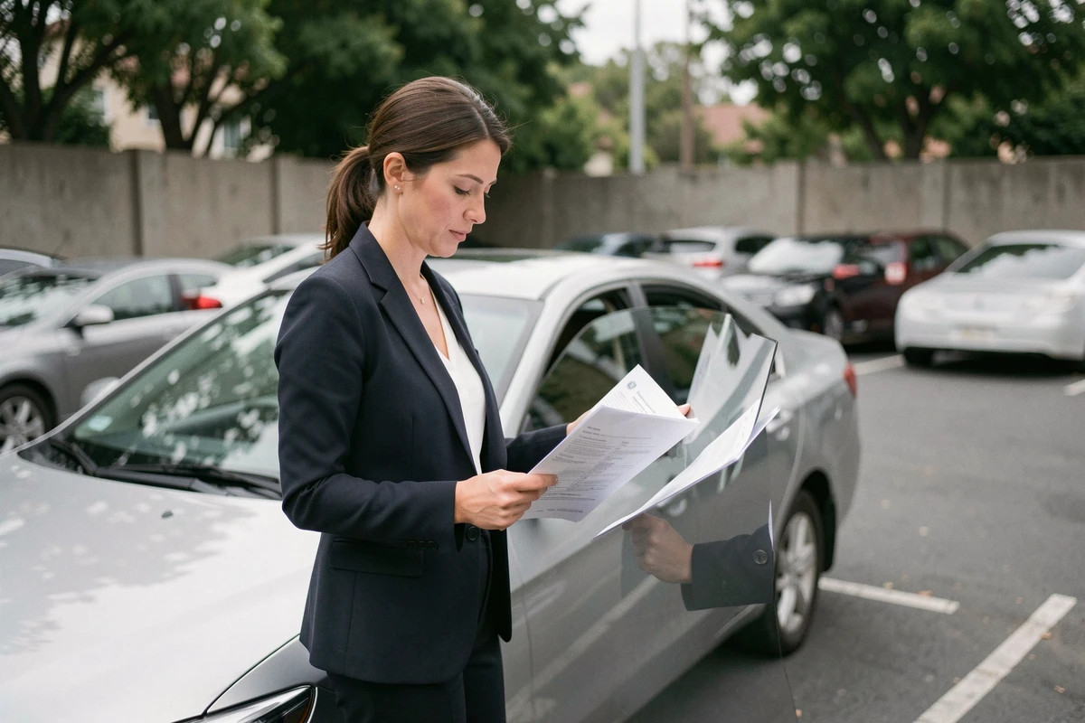 Femme tenant des documents de carte grise à côté de sa voiture dans un parking urbain